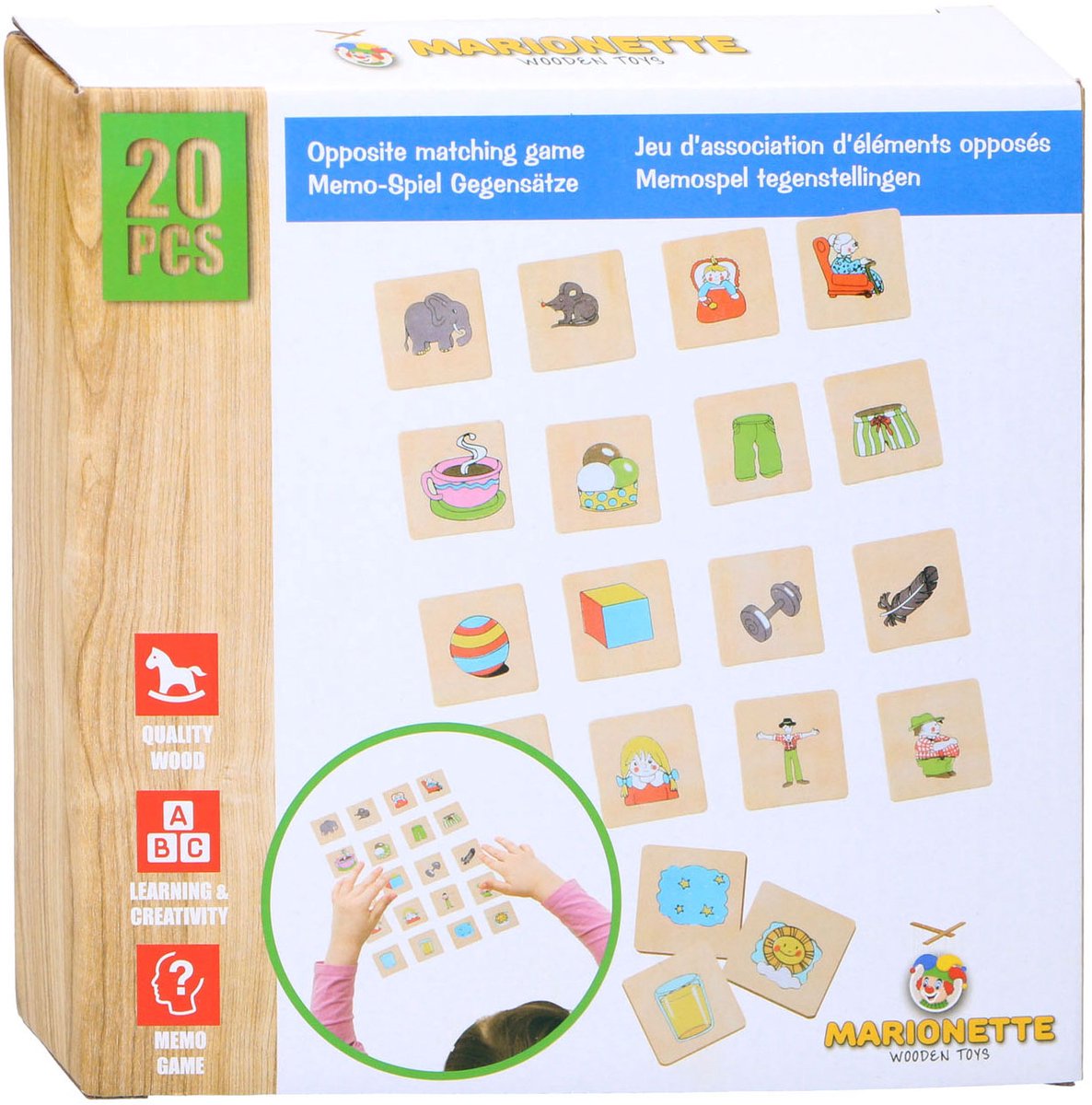Jeu de mémo de marionnettes en bois contrasté, 20 pcs.