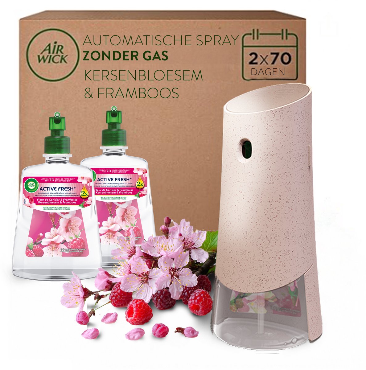 Air wick - kit de démarrage désodorisant actif fleur de cerisier + 2 recharges