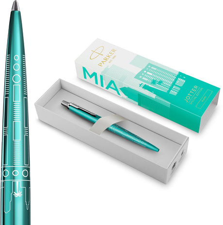 Stylo à bille Parker Jotter | édition spéciale | Miami turquoise avec détails chromés | plume moyenne | encre bleue | emballage cadeau
