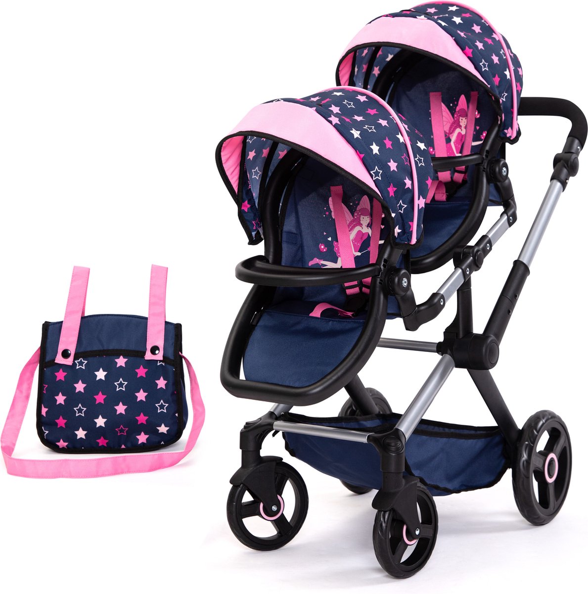 Bayer design - landau pour poupée jumelle twin xeo, calèche, poignée réglable, sac, bleu, rose, étoiles