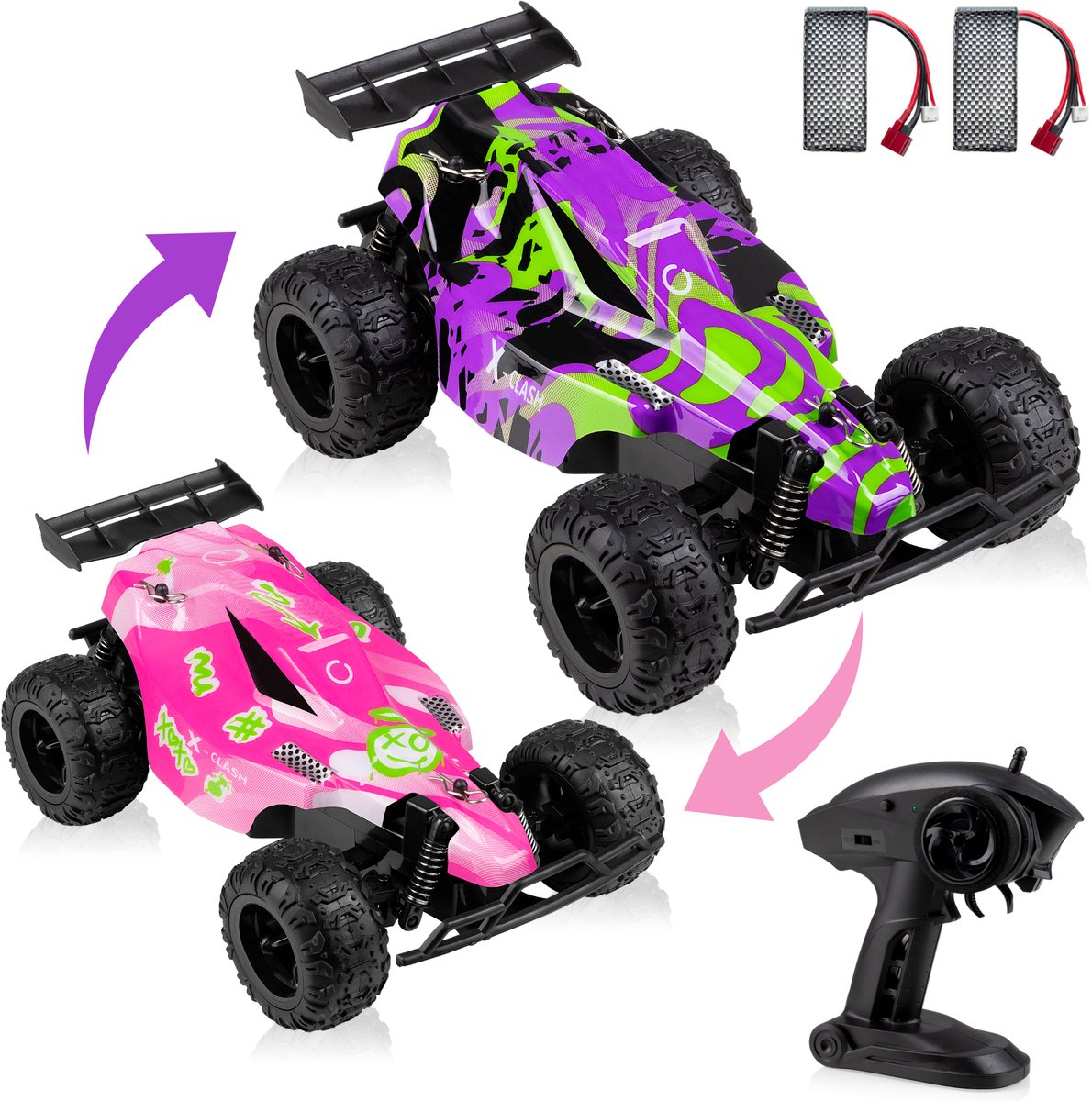 Voiture contrôlée Overmax x-clash - 20 km h - 2 batteries - portée 100m - 2 carrosseries - voiture radiocommandée tout-terrain - extérieur intérieur - filles et garçons - voiture télécommandée pour enfants adultes