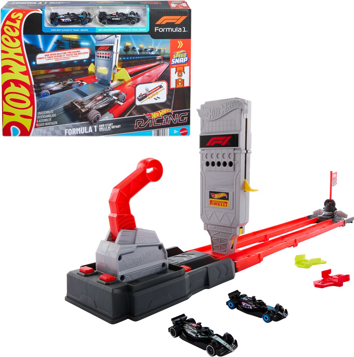 Ensemble de circuits de départ de Formule 1 Hot Wheels Racing et 2 voitures de F1 en métal