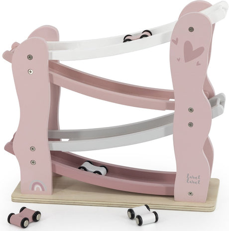 Étiquette label - piste de voiture en bois - rose - bois FSC - comprenant 4 voitures - stimule la motricité - convient aux enfants à partir de 18 mois