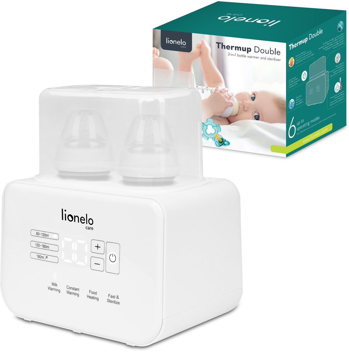 Chauffe-biberon Lionelo thermup double 6 en 1 - pour 2 biberons - chauffage rapide en 3 minutes - stérilisateur dégivreur - maintien de la température jusqu'à 24 heures - coffre-fort sans BPA