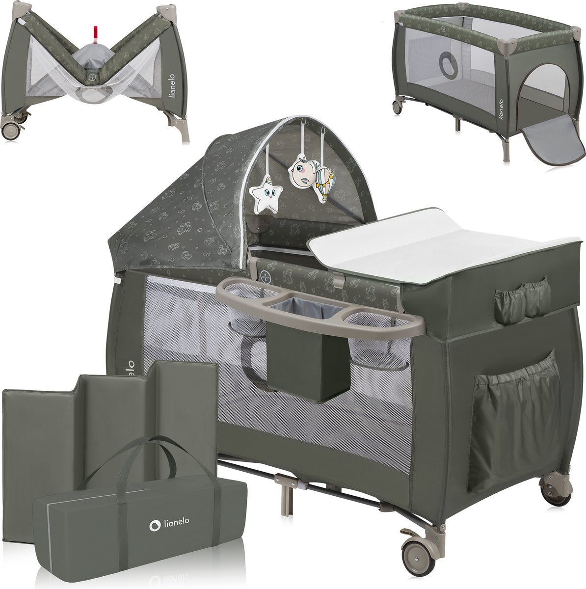 Lit de camping évolutif Lionelo sven plus 2en1 - 127x60 cm - jusqu'à 15 kg - cododo - lit de voyage avec table à langer, organiseur, moustiquaire et jouets interactifs