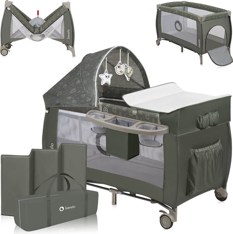Lit de camping évolutif Lionelo sven plus 2en1 - 127x60 cm - jusqu'à 15 kg - cododo - lit de voyage avec table à langer, organiseur, moustiquaire et jouets interactifs