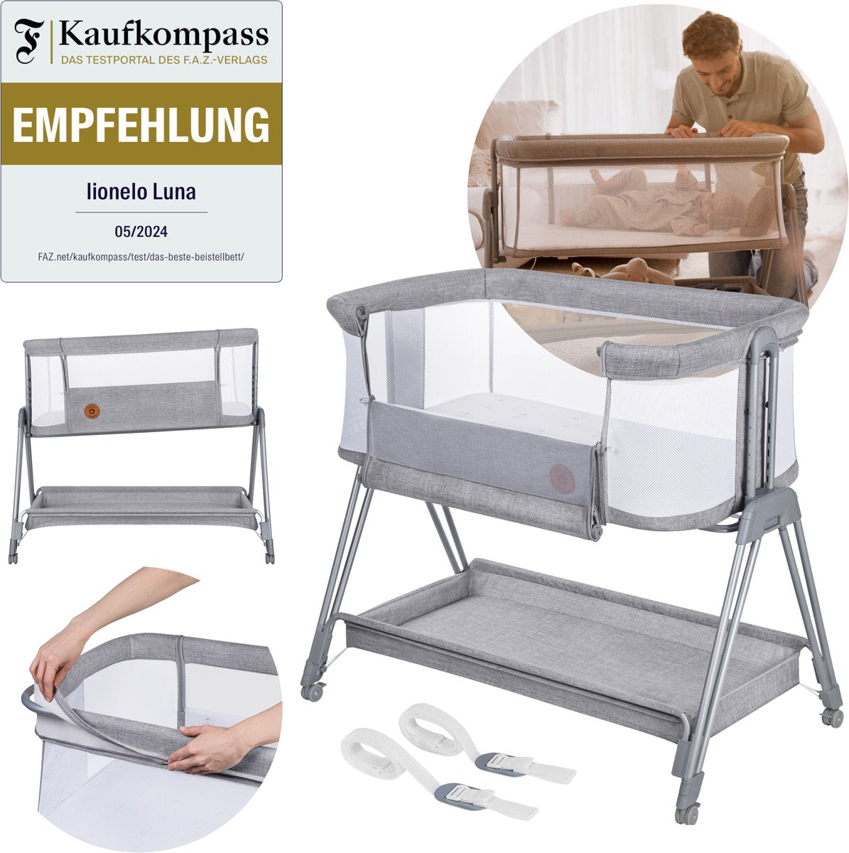 Lionelo luna – Lit bébé cododo 2 en 1 – naissance jusqu'à 9 kg – 7 positions de hauteur – matelas inclinable – côtés en filet – roulettes avec blocs – housse lavable – panier de rangement inclus