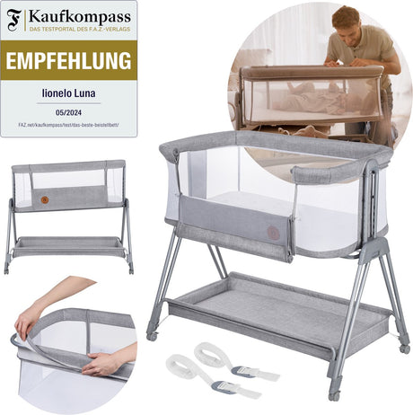 Lionelo luna – Lit bébé cododo 2 en 1 – naissance jusqu'à 9 kg – 7 positions de hauteur – matelas inclinable – côtés en filet – roulettes avec blocs – housse lavable – panier de rangement inclus