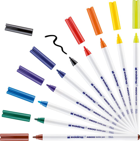 Marqueur textile Edding 4600 - boîte de 10 couleurs - pointe ronde 1 mm - décoration vêtements - marqueurs textiles permanents pour dessiner sur textiles, résistants au lavage jusqu'à 60°c - marqueur textile