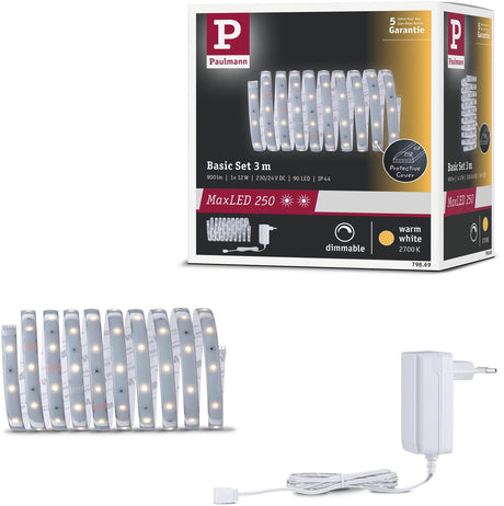Paulmann maxled 250 bande led set de base 3m 2700k 3m enduit ip44 12w 300lm m 30 leds m 2700k 24va