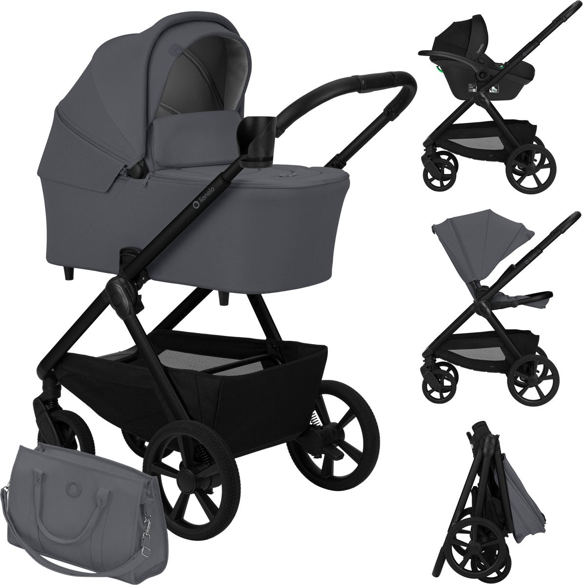 Poussette Lionelo Carmine 3 en 1 - comprenant siège auto Astrid I-size - roues tout terrain Graveltech - matelas Airydots ventilation 3D - nacelle anti-reflux - suspension confortable - pliable avec siège - UPF50+ - ensemble d'accessoires complet