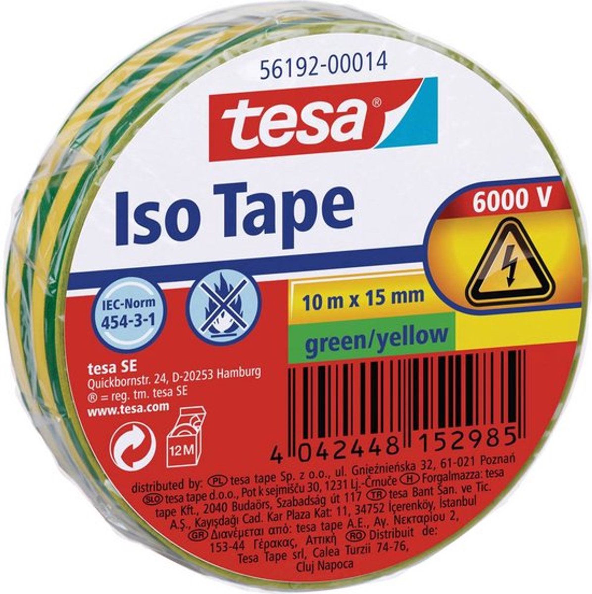 Tesa 56192-00014-22 ruban isolant vert, jaune (L x l) 10 m x 15 mm 1 pièce(s)
