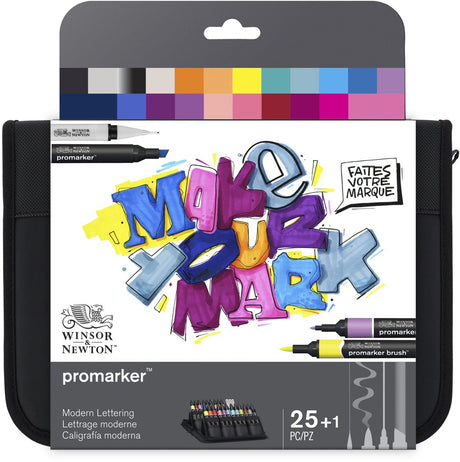 Winsor Newton 0290202 Ensemble de lettrage au pinceau Promarker - 26 pièces - Ensemble de marqueurs mixtes avec mélangeur Fineliners - pour illustration de lettrage à la main