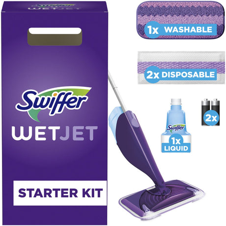 Swiffer Wetjet Starter Set Système de nettoyage tout-en-un pour chaque sol - comprenant 2 lingettes jetables + 1 lingette lavable + 500 ml de produit de nettoyage