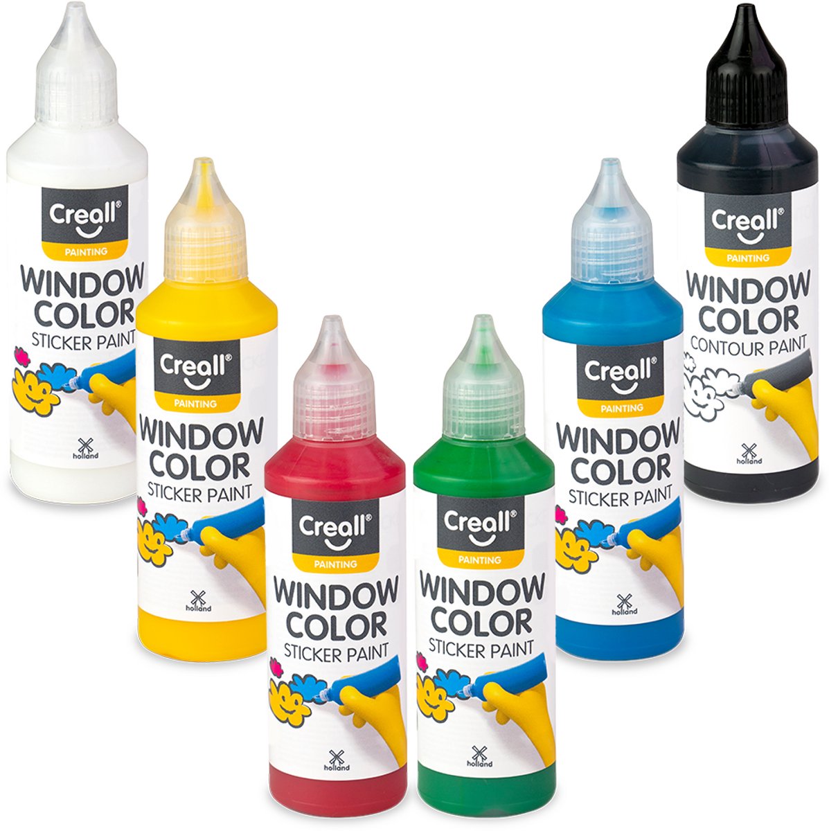 Peinture autocollante Creall - couleur fenêtre - réalisez des créations amovibles sur surfaces lisses comme des fenêtres ou des miroirs - lot de 6 couleurs - 6 flacons de 80 ml - sans gluten - fabriquée aux Pays-Bas