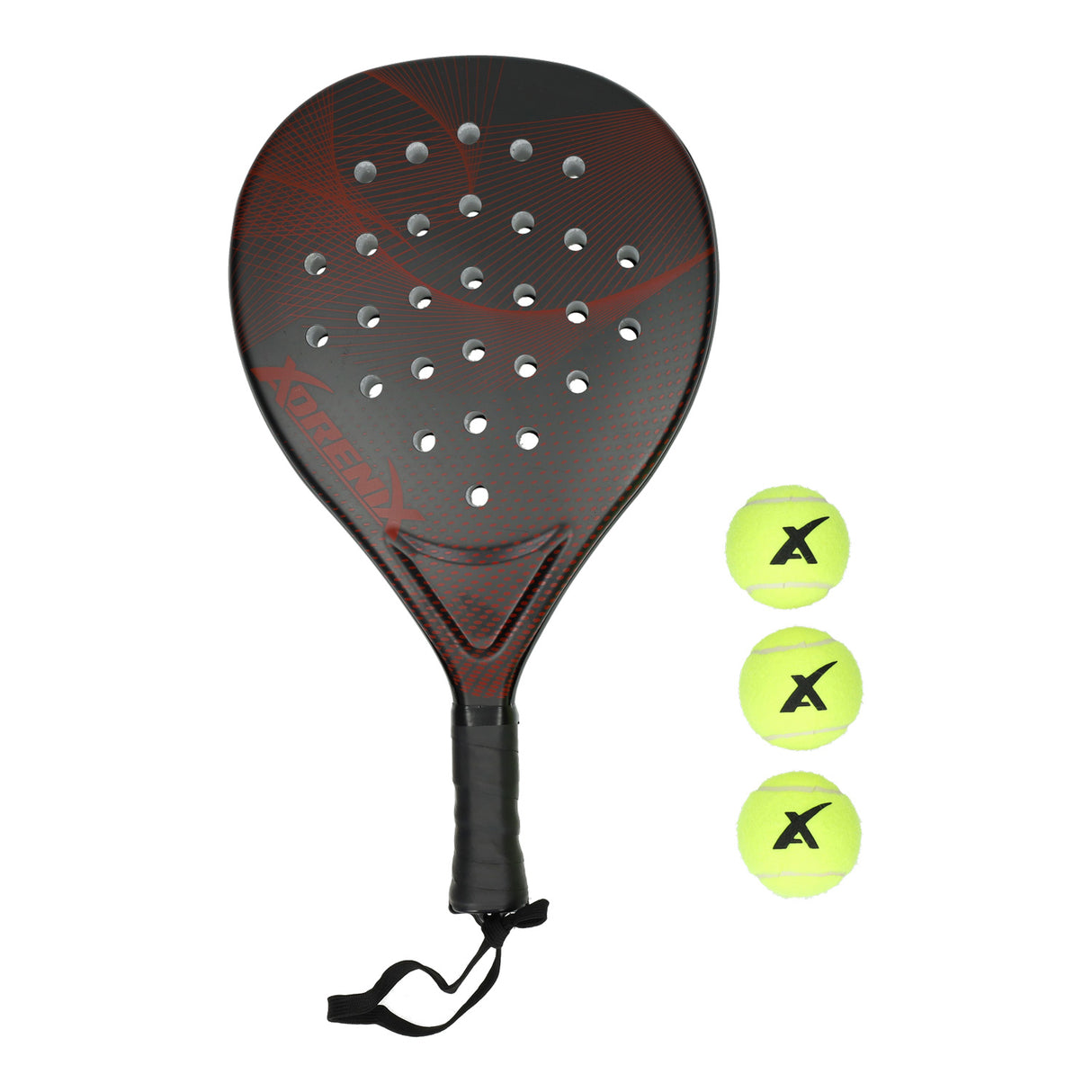 Adrenix padelset racket met 3 ballen - rood