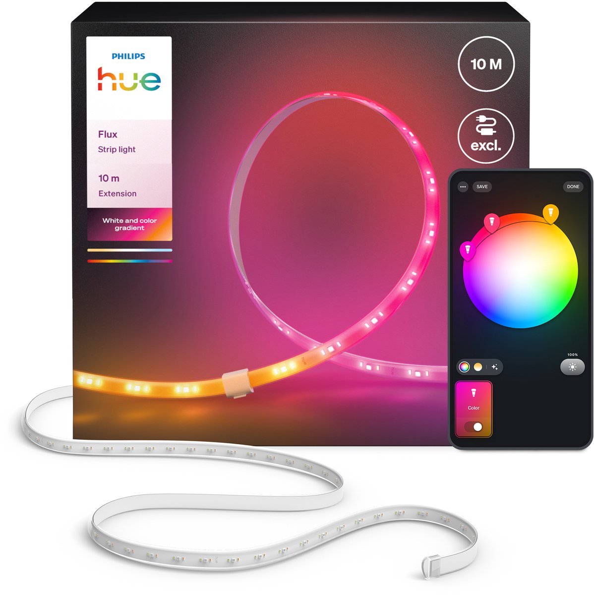Philips hue flux led strip verlenging - 10 meter verlengstrip - eenvoudige installatie - wit en gekleurd licht - chromasync™ technologie
