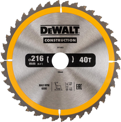 Dewalt accessoires dt1953 lame de scie circulaire de construction - 216x30x40t - bois - dt1953