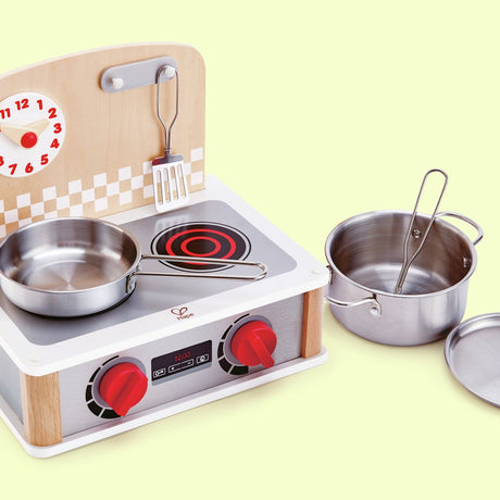 Ensemble barbecue de cuisine Hape 2 en 1 - cuisine jouet avec accessoires en métal, boutons clic et horloge, à partir de 3 ans