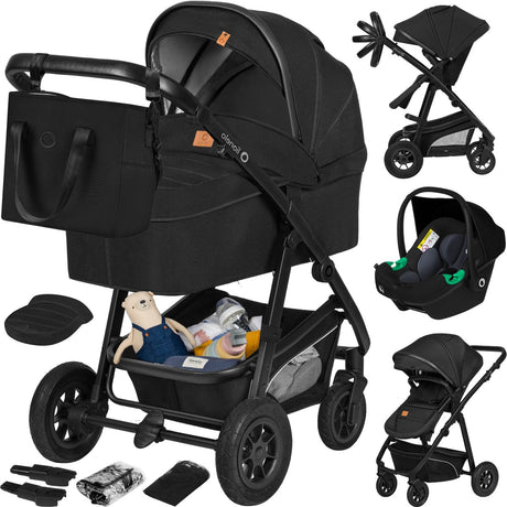 Poussette Lionelo bianka 3 en 1 - nacelle + poussette + siège auto - gros pneumatiques, suspension complète - pliable - barre de poussée réglable - siège réversible buggy - 0-22kg - set d'accessoires - noir