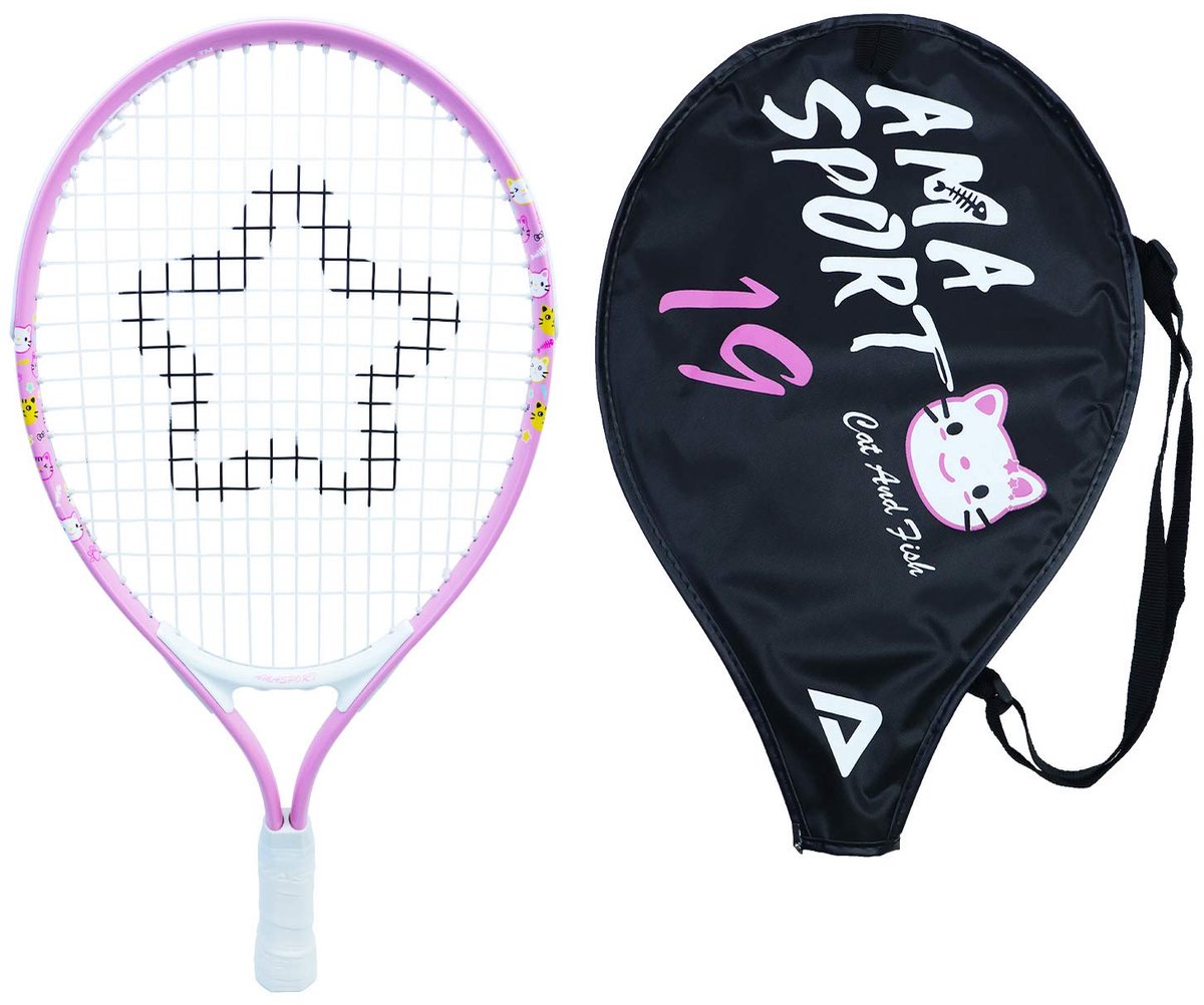 Ama sport raquette de tennis enfant chat rose 19 pouces - raquette junior légère avec sac - idéale pour les débutants -