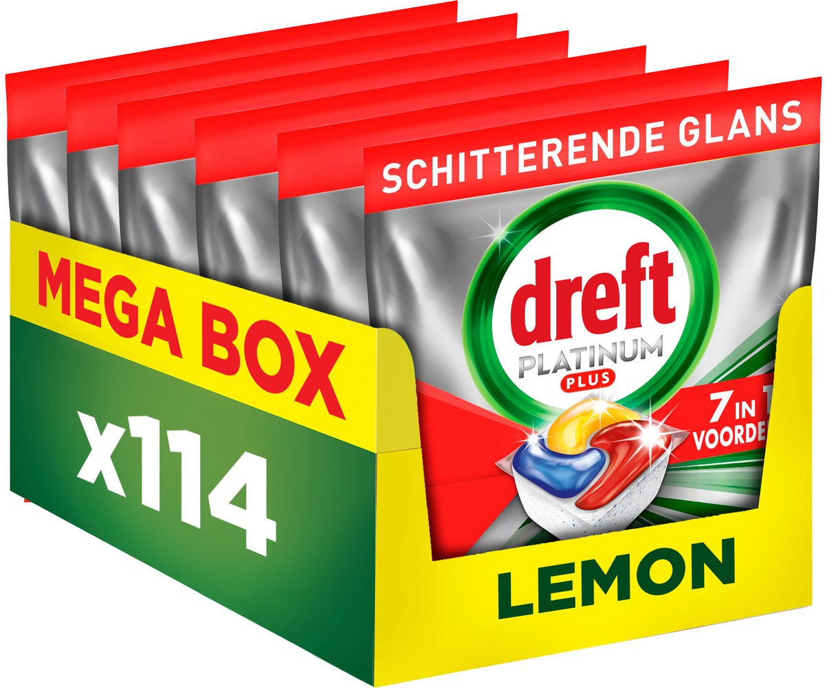 Tablettes pour lave-vaisselle Dreft Platinum Plus Lemon - Technologie anti-émoussée - 6 x 19 pièces