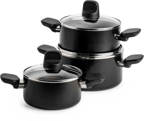 Greenpan Memphis set de poêles 6 pièces - 16 18 20 cm - 1,6 2,1 3,1 l - revêtement antiadhésif sans PFA - set de poêles à induction - poêle en céramique - passe au four jusqu'à 160°c - poignées froides - avec couvercle en verre - noir