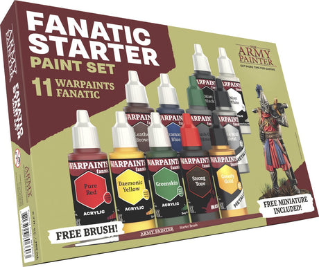 Le peintre de l'armée fanatique des peintures de guerre : kit de démarrage, 11 peintures : 7 couleurs acryliques, 2 métallisées, 1 lavis, 1 apprêt à appliquer au pinceau, 1 figurine miniature gratuite et un pinceau de démarrage
