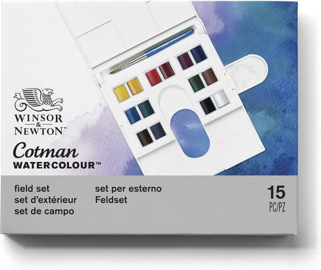 Winsor Newton 0390083 Cotman Ensemble de peinture aquarelle – Ensemble de terrain – 14 demi-godets d'aquarelle – Ensemble d'aquarelle de voyage compact avec pinceau