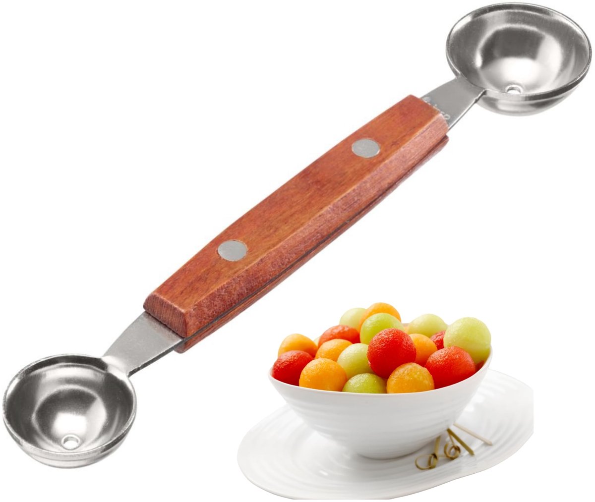 Coupe-boules double face Westmark Woody - petite machine à boules pour melon, kiwi, autres fruits et légumes, ainsi que pour glace, fromage à la crème ou beurre - acier inoxydable, bois