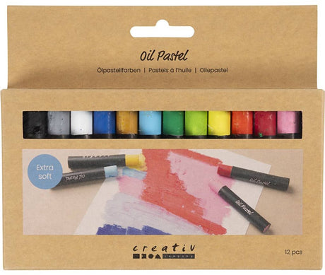 Pastels à l'huile Creativ company, l: 7 cm, épaisseur 11 mm, couleurs standards, 12 pièces 1 boîte