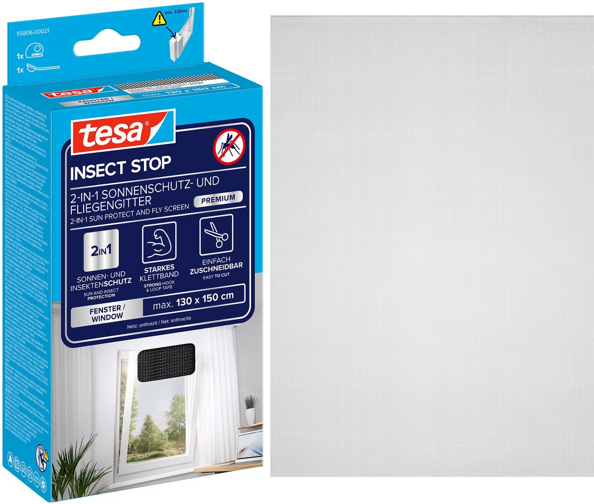 Tesa Insect Stop 2 en 1 protection solaire et moustiquaire premium pour fenêtres - moustiquaire avec protection solaire, sans perçage, anthracite-métallique - 130 x 150 cm