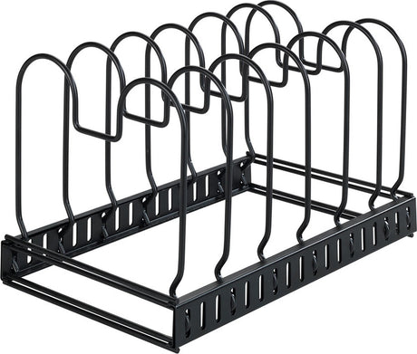 Wenko porte-assiettes et casseroles extensible en acier noir mat - 6 compartiments - réglable - coulissant - organisateur de cuisine - support de cuisine pour casseroles et assiettes