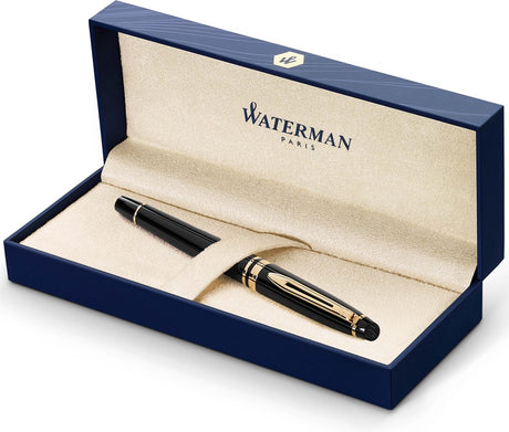 Stylo plume expert Waterman | noir brillant avec finition or 23 carats | plume fine | emballage cadeau