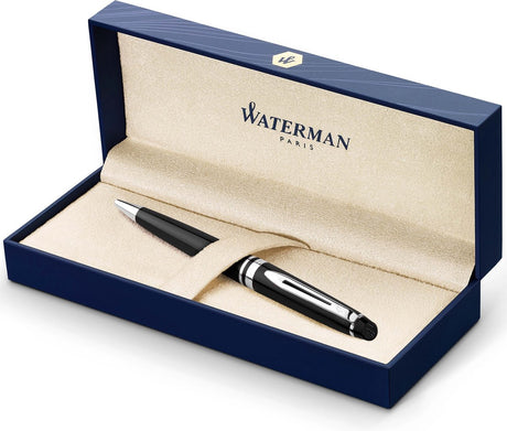 Stylo à bille expert Waterman | noir brillant avec bord chromé | point moyen | encre bleue | avec coffret cadeau