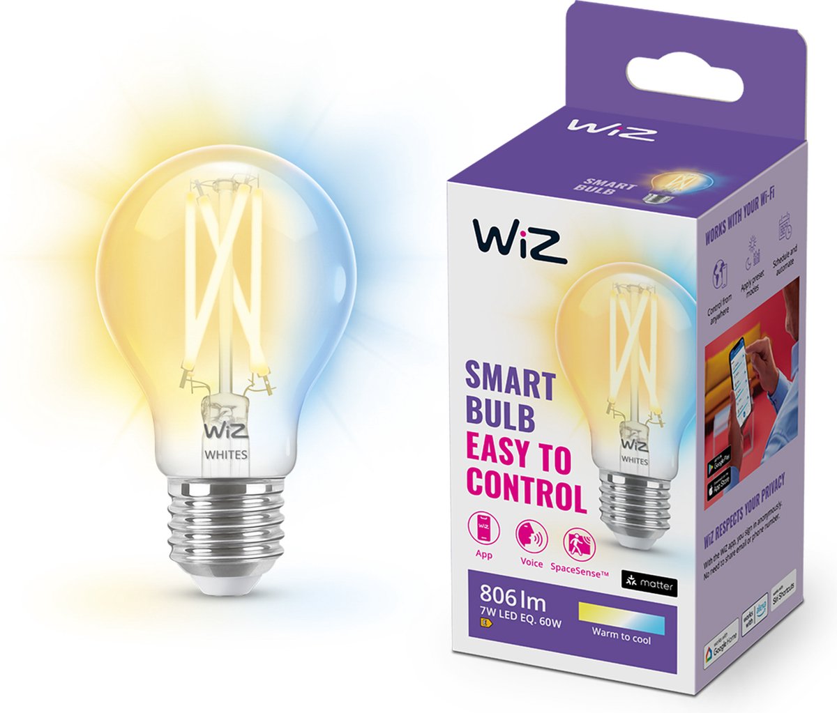 Lampe à filament Wiz - lumière blanche chaude à froide - éclairage LED intelligent - culot E27 - 60w - transparent - wi-fi