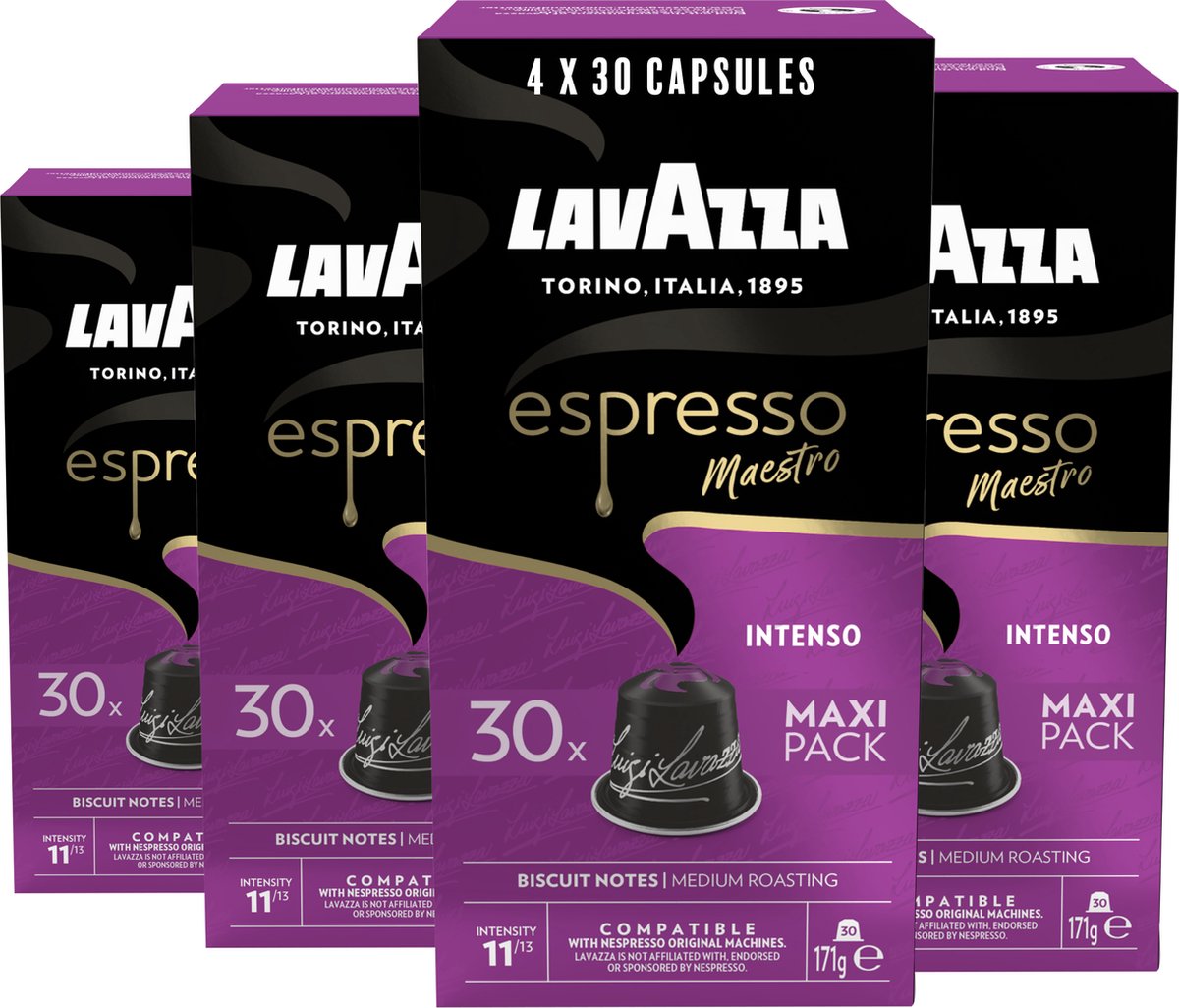 Tasses à café expresso intenso Lavazza - 120 tasses Nespresso - mélange de café d'arabica Robusta - intensité : 11 13 - 4 x 30 capsules en aluminium