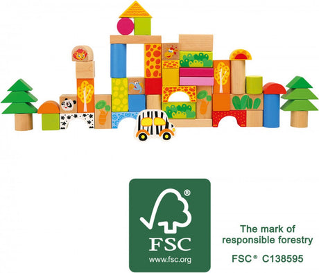 Small foot - blocs de construction de zoo en bois dans un seau de tri, 50 pcs.