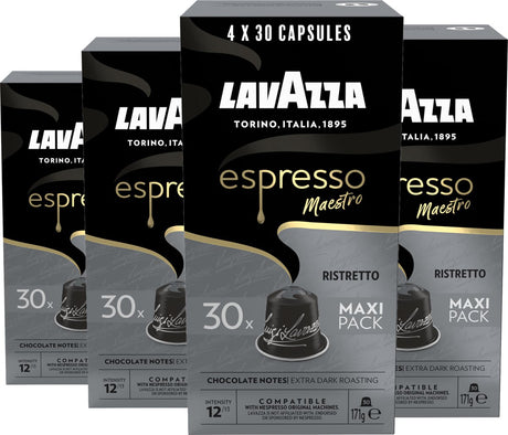 Tasses à café expresso ristretto Lavazza - 120 tasses Nespresso - mélange de café d'arabica Robusta - intensité : 12 13 - 4 x 30 capsules en aluminium