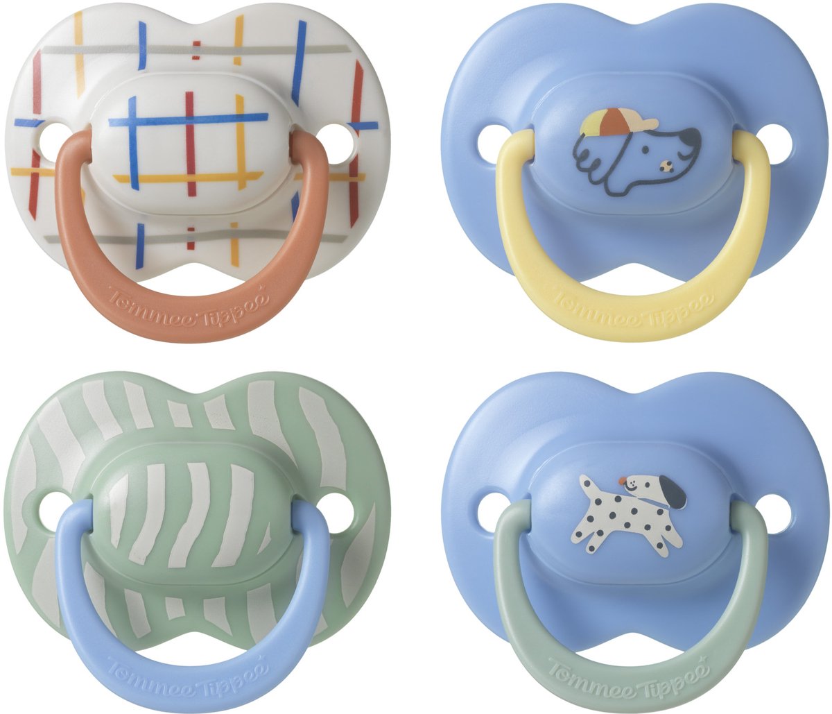 Sucette Tommee Tippee Ultimate Fit - 6-18 mois - 4 pièces - Sucette symétrique orthodontique pour bébé - Silicone 100% sans BPA - Déco bleue