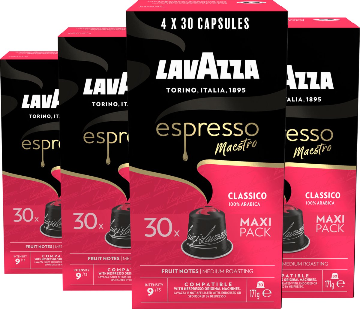 Tasses à café espresso classico Lavazza - 120 tasses - café 100% arabica - intensité : 9 13 - 4 x 30 capsules en aluminium - adaptées pour nespresso