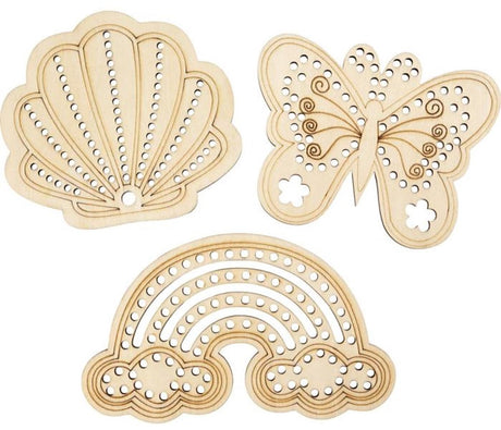 Creativ company Forme en bois avec trous, arc-en-ciel, coquillage, papillon, taille 7,5-13 cm, 24 pièces 1 boîte