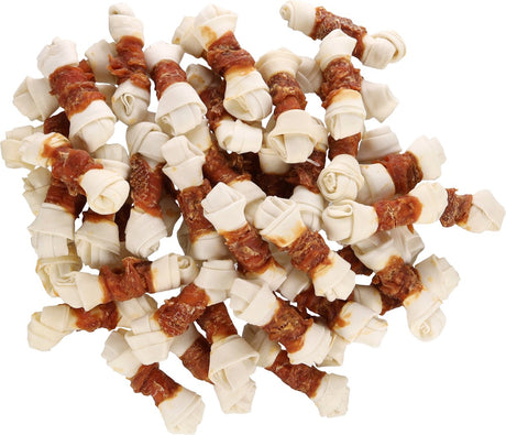 Snack pour chien Flamingo – r'hide patte nouée blanc au poulet – 11 cm – sans gluten – sans sucres ajoutés – 46 pièces – 1,61 kg