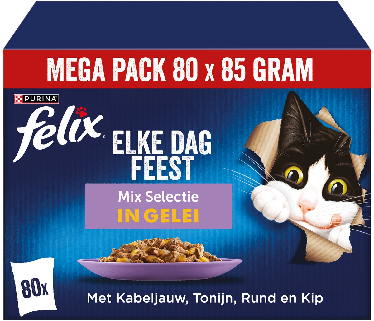 Sélection mixte Felix Every Day Party - nourriture humide pour chats - morue, saumon, poulet au bœuf - 80 x 85 g