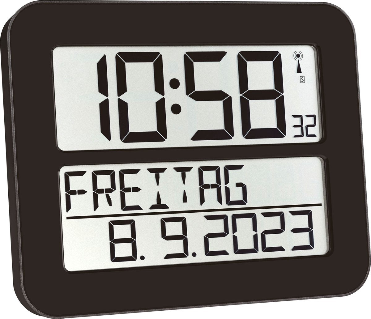 Tfa dostmann 60.4512.01 - horloge - numérique - radiocommandée - 7 langues - deuxième heure - alarme - snooze - LCD - noir