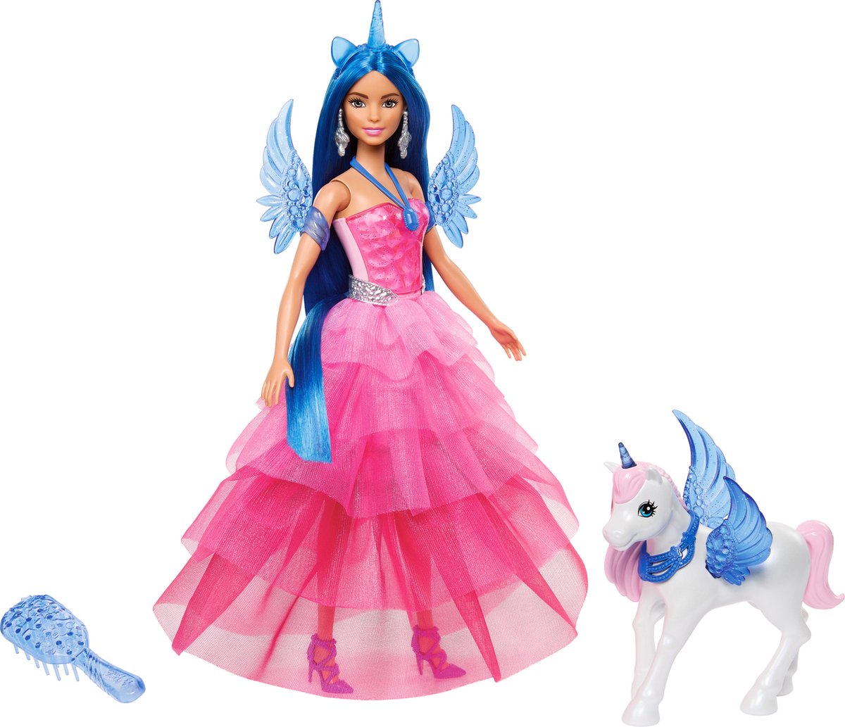 Poupée de licorne Mattel avec cheveux bleus, robe rose et alicorne