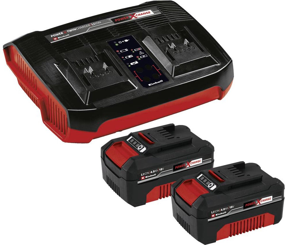 Kit de démarrage Einhell 18 V 4,0 Ah Power X-Change - 2 batteries 4,0 Ah et chargeur Duo - Universel pour toutes les machines Power X-Change