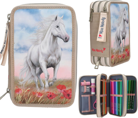 Depesche - trousse à crayons 3 compartiments miss melody - sable coquelicot