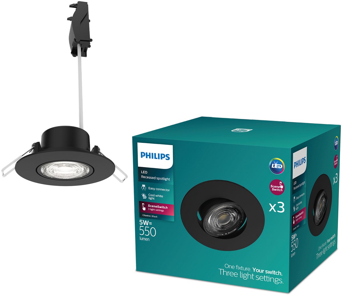 Philips led philips cilantro inbouwspot - sceneswitch lichttechnologie - 5w - koelwit licht: 4000k - zwart - 3-pack