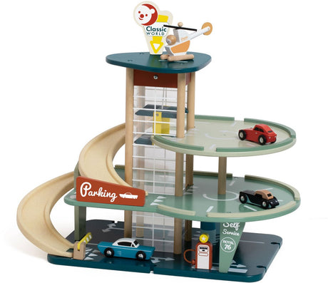 Jouets de garage vintage en bois du monde classique avec voitures et ascenseur, 11 pièces.